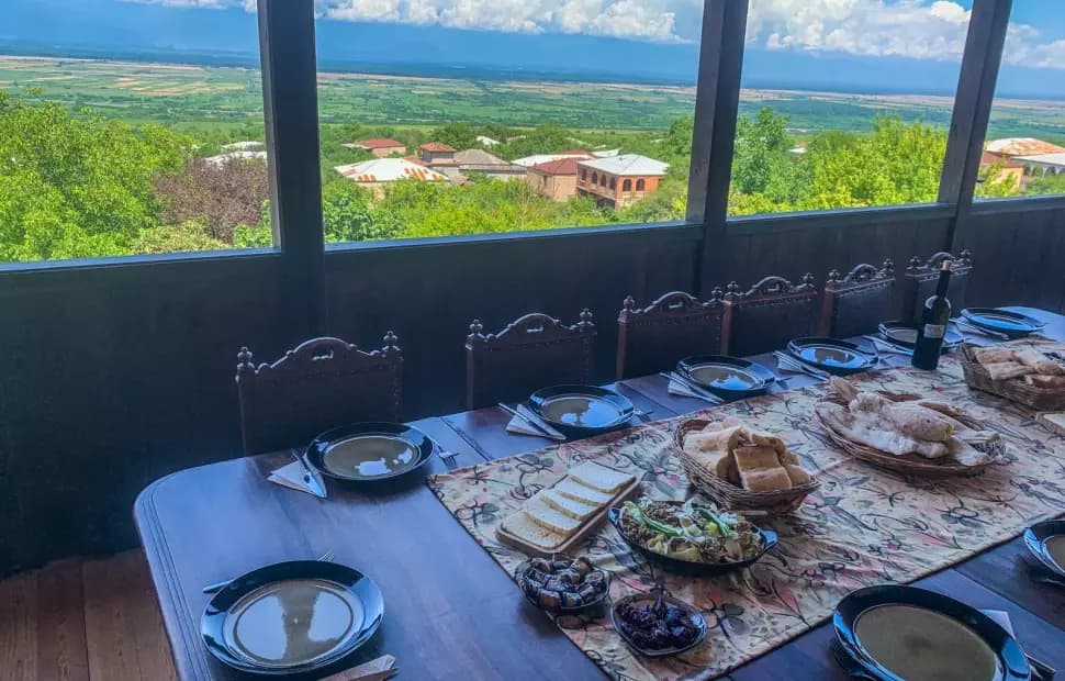 view on Caucasus, view from balcony, view on Alazani Valley; the best view in Kakheti